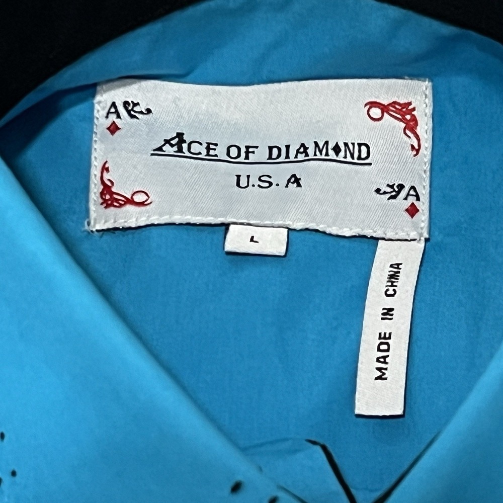 Y2K Ace Of Diamond Western‎ Shirt Turquoise Embroidered Cross Fleur De Lis Large - Picture 4 of 12